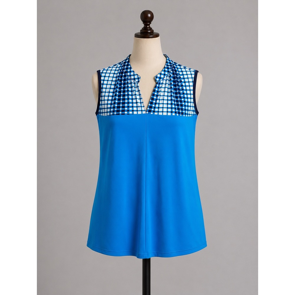 NEW Kinona Take a Ribbing Sleeveless Golf Top Blue Gingham UPF 50+ Womens Large